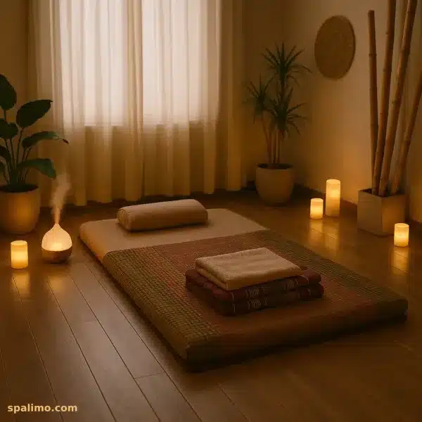 فضای مناسب برای ماساژ تایلندی، محیط آرامش‌بخش با تشک نرم و نور ملایم